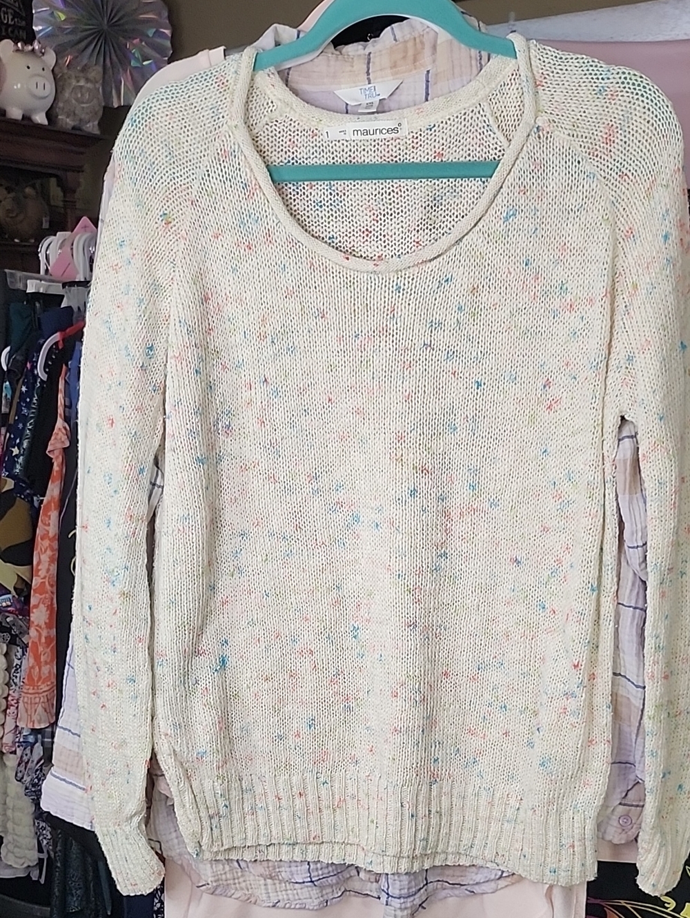 Maurices Cream Speckled Crewneck Sweater with Multicolor Flecks 24 Plus Ptp